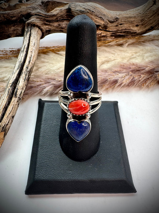 Lapis & Red Spiny Heart Ring- 8
