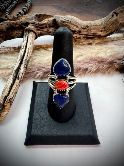 Lapis & Red Spiny Heart Ring- 8