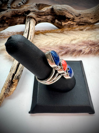 Lapis & Red Spiny Heart Ring- 8