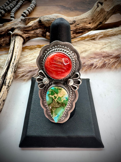 Sonoran Gold Turquoise and Red Spiny Ring- Adjustable