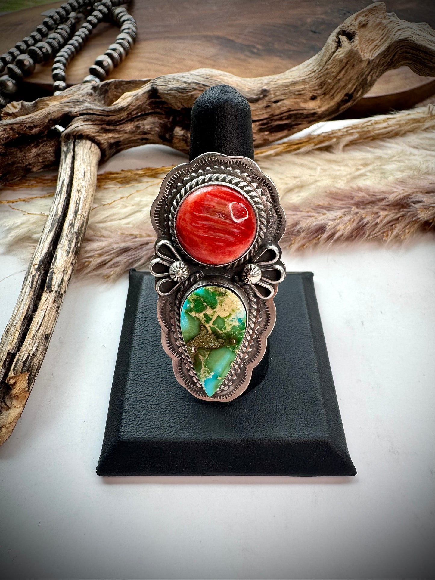 Sonoran Gold Turquoise and Red Spiny Ring- Adjustable
