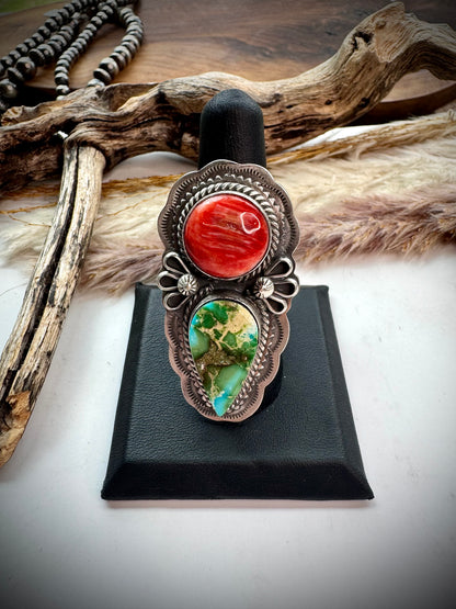 Sonoran Gold Turquoise and Red Spiny Ring- Adjustable