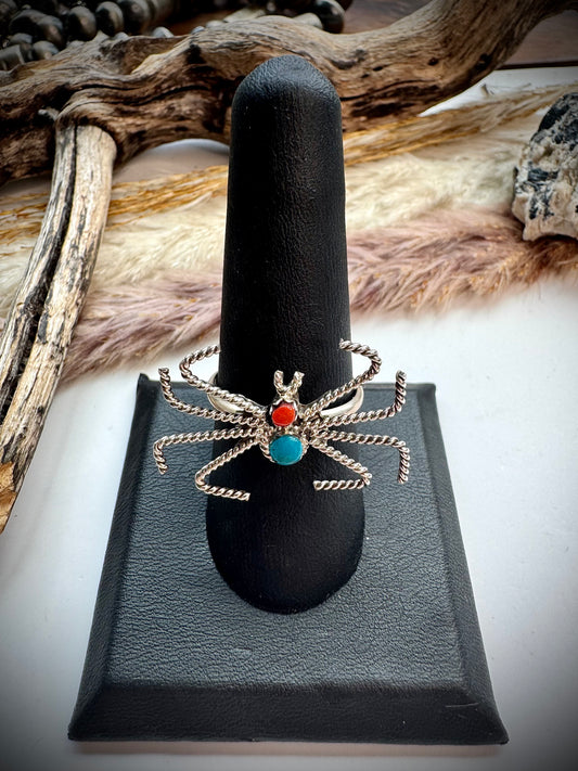 Turquoise & Coral Spider Ring- size 9