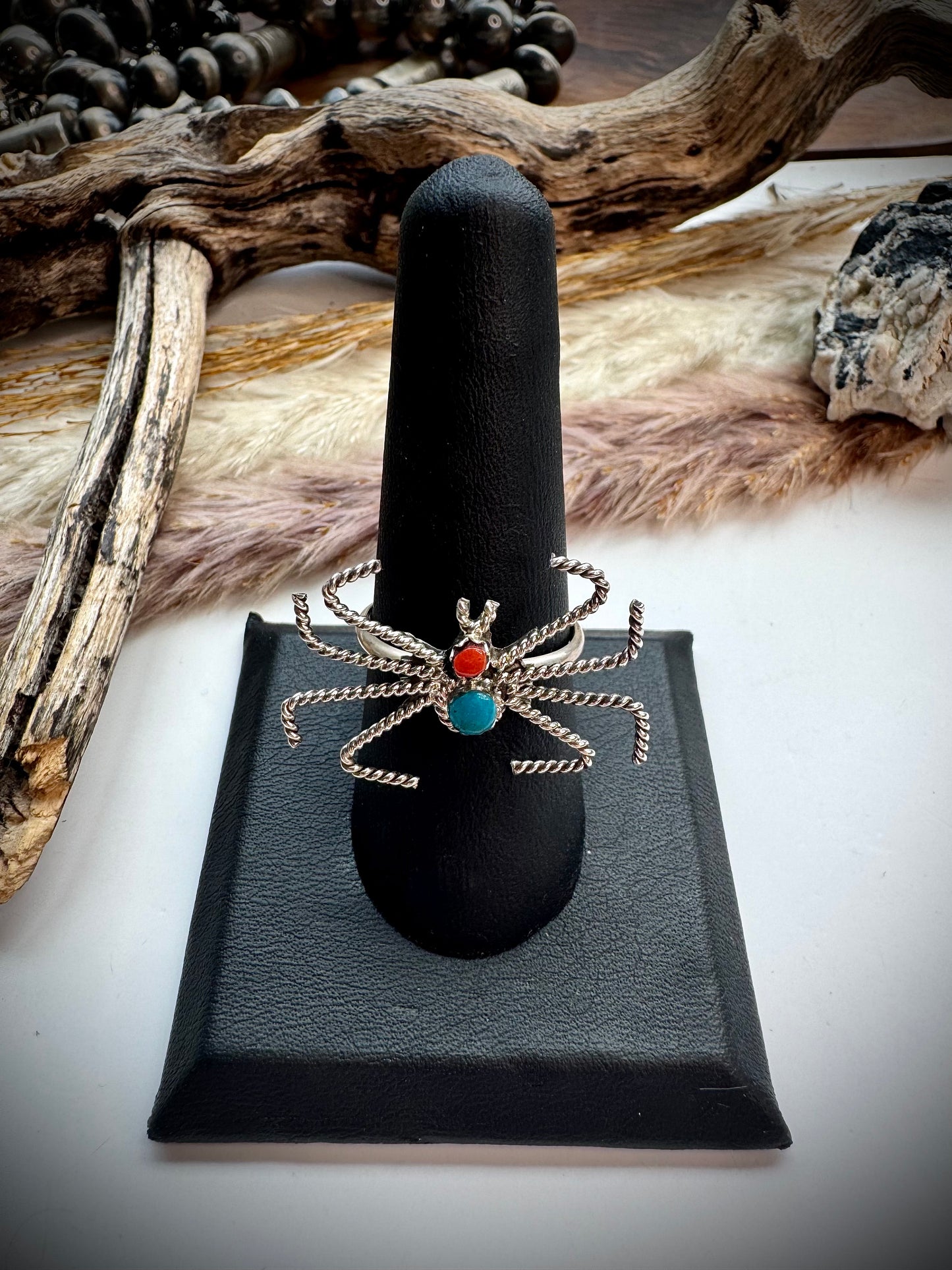 Turquoise & Coral Spider Ring- size 9