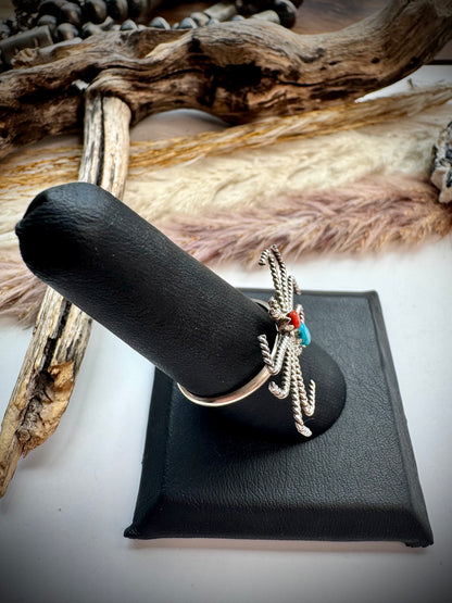 Turquoise & Coral Spider Ring- size 9