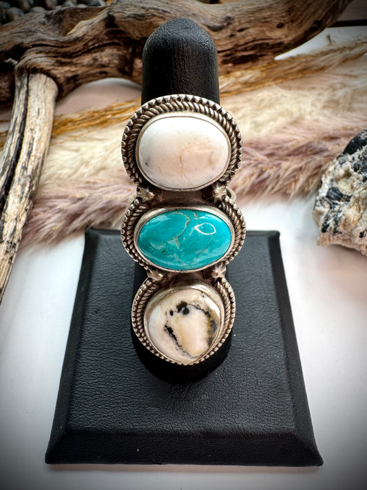White Buffalo & Turquoise Three Stone Ring- Adjustable