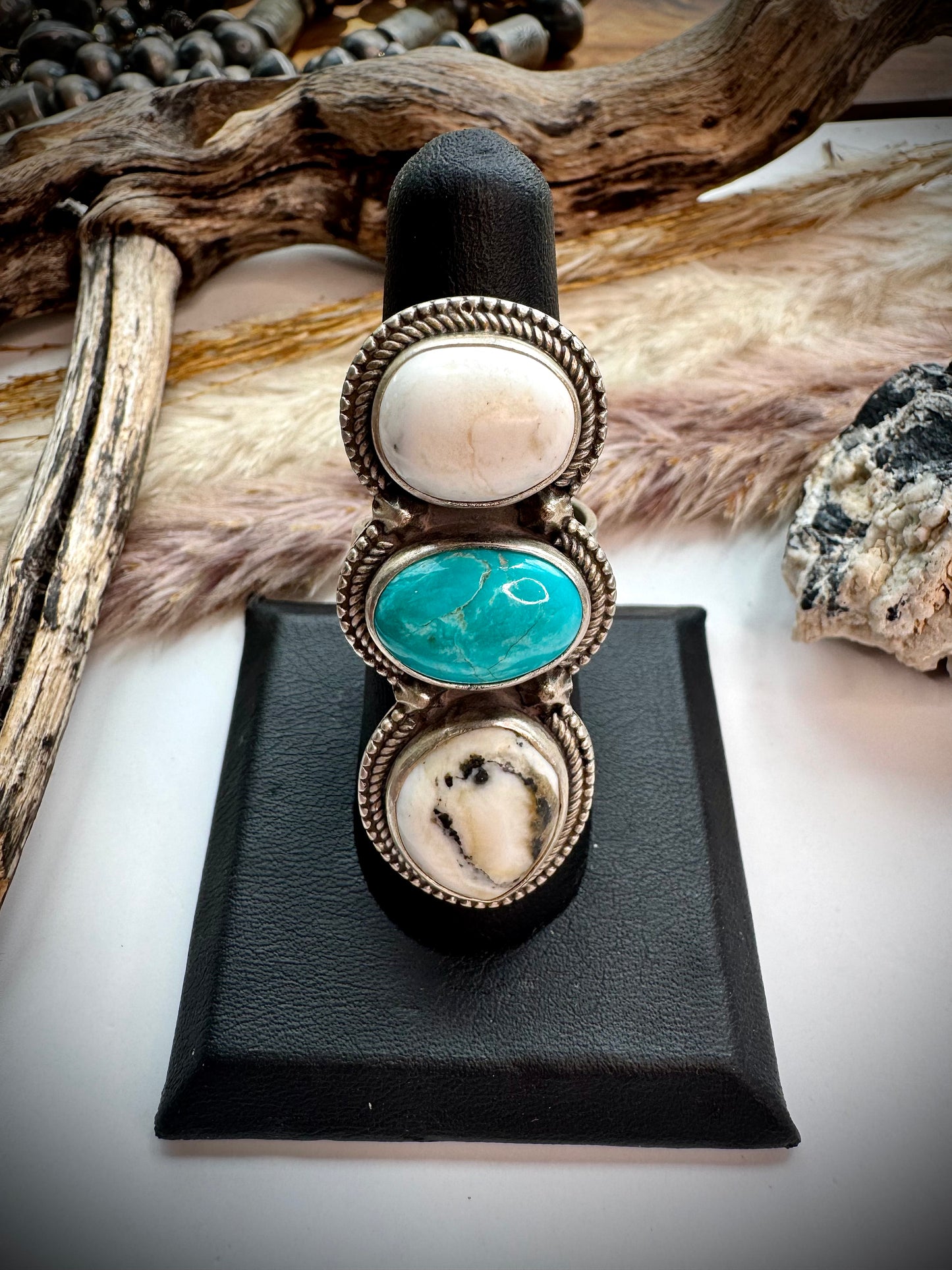 White Buffalo & Turquoise Three Stone Ring- Adjustable