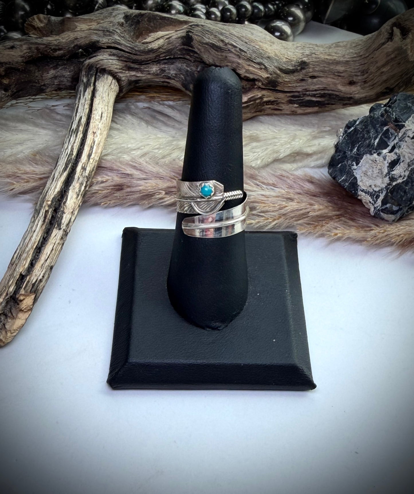 Adjustable Feather Ring with Turquoise