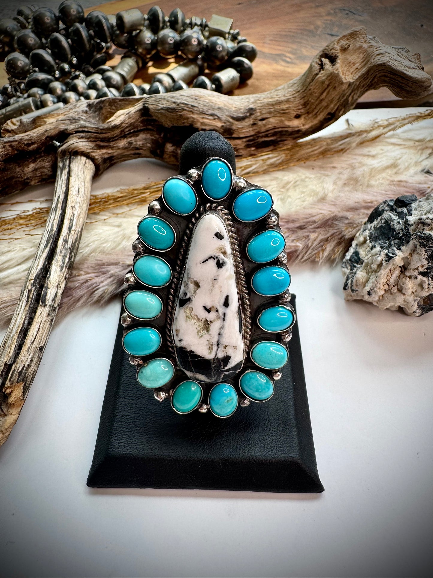 White Buffalo & Turquoise Ring- Adjustable