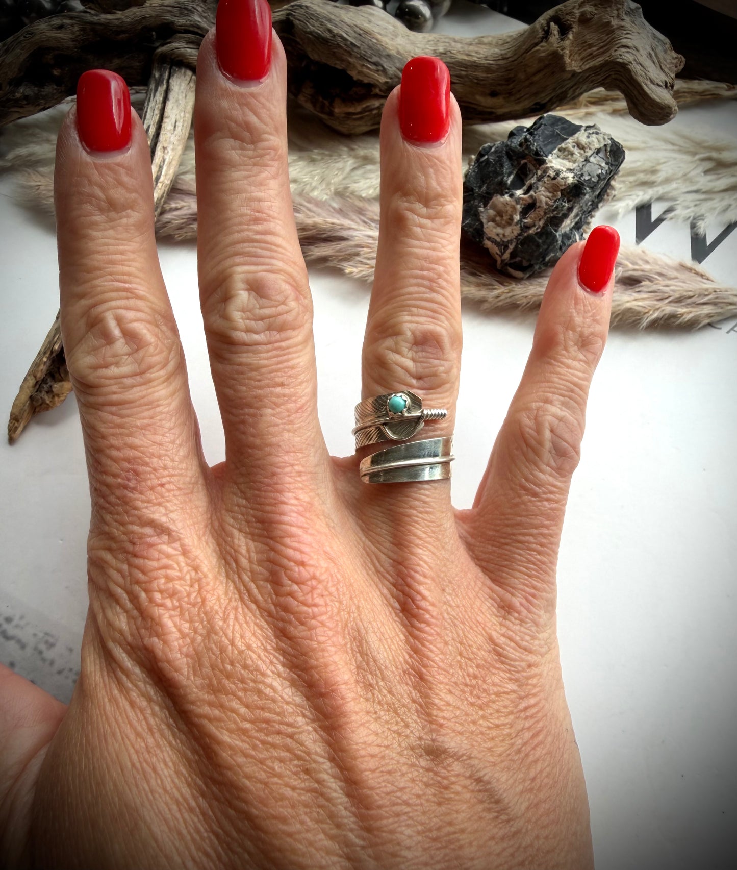 Adjustable Feather Ring with Turquoise