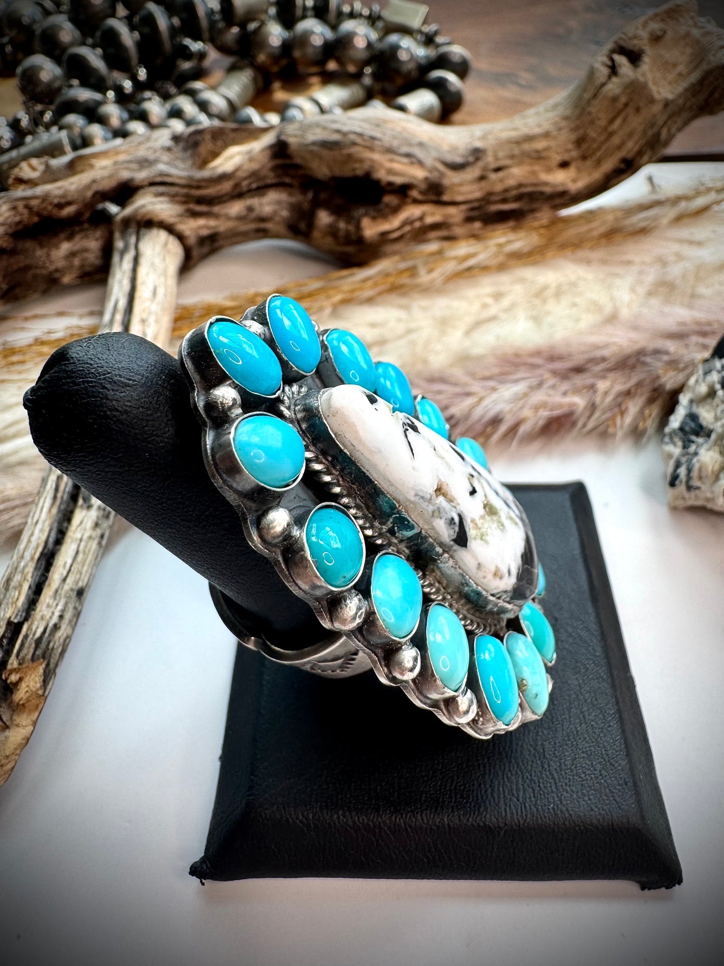 White Buffalo & Turquoise Ring- Adjustable