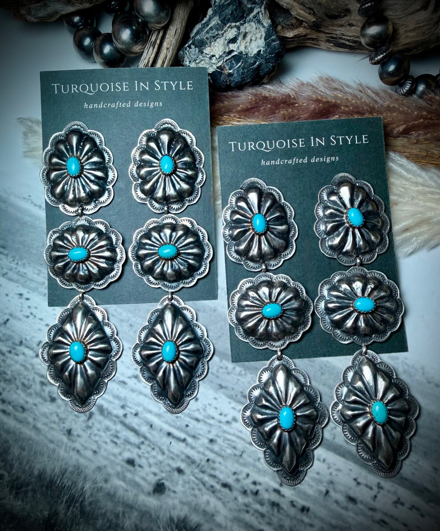 Rita Lee Triple Dangle Concho Earrings with Blue Turquoise
