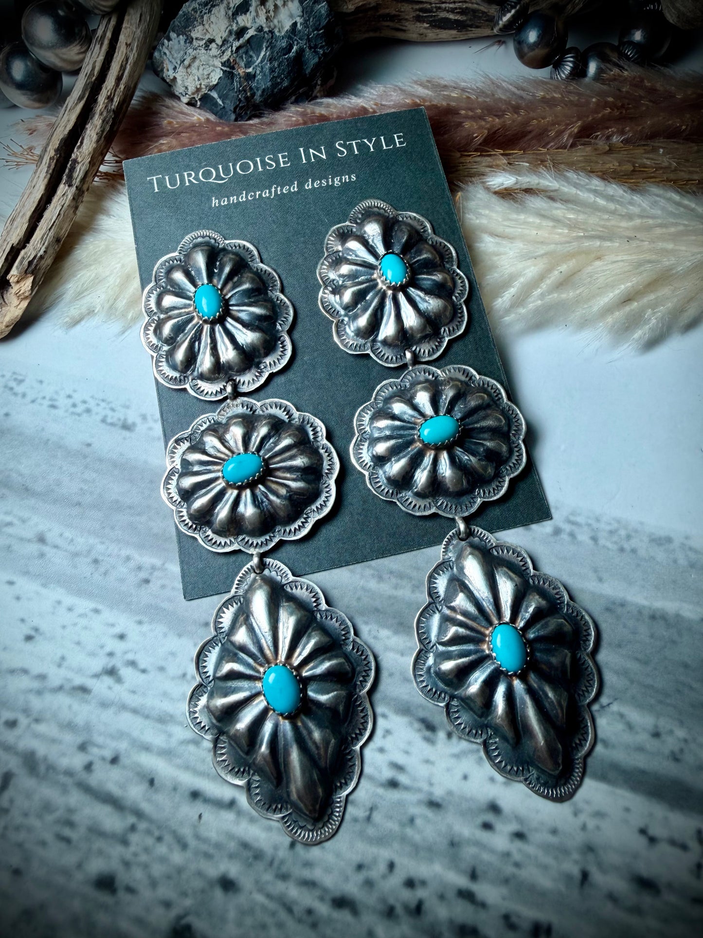 Rita Lee Triple Dangle Concho Earrings with Blue Turquoise