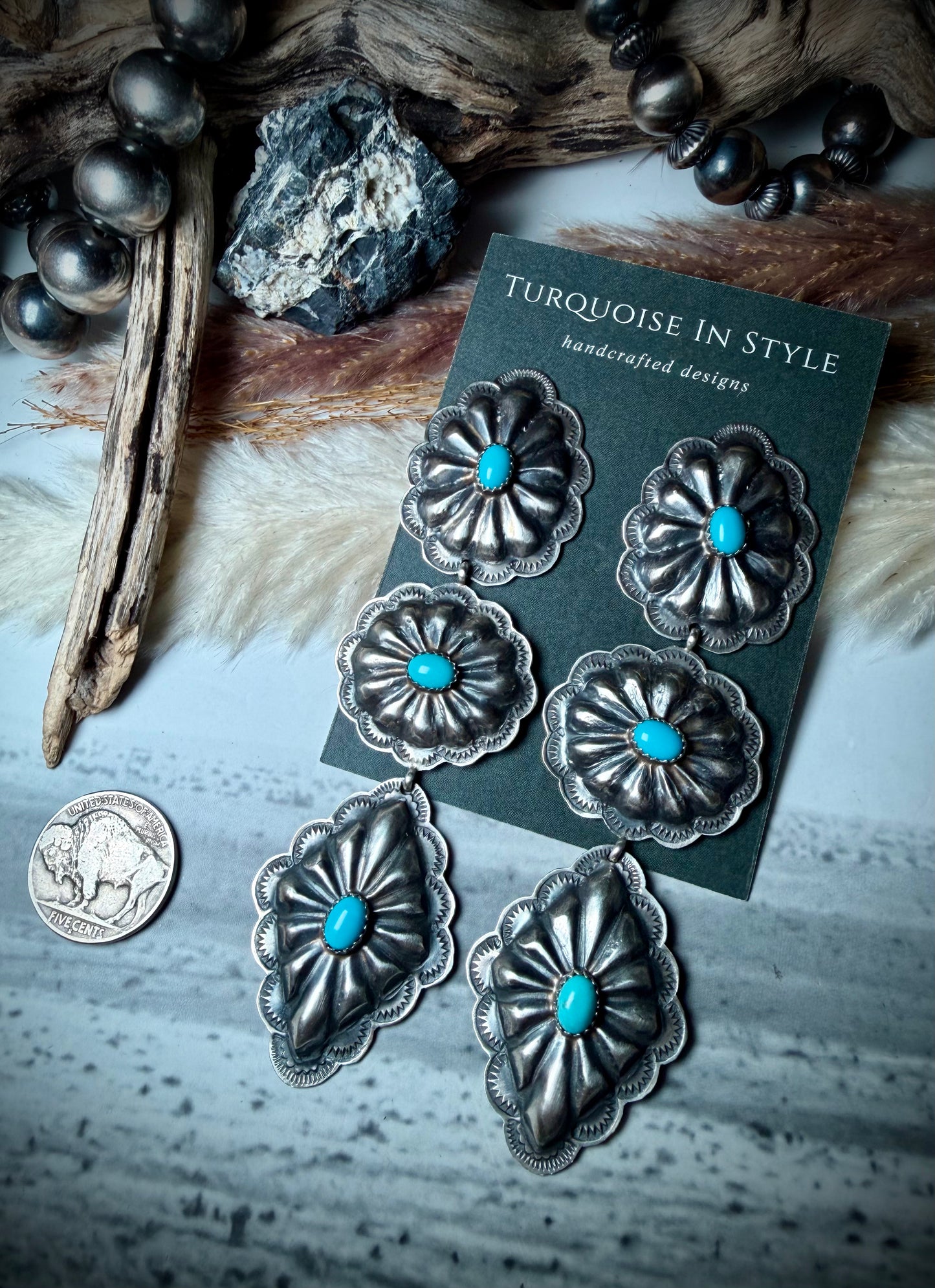 Rita Lee Triple Dangle Concho Earrings with Blue Turquoise