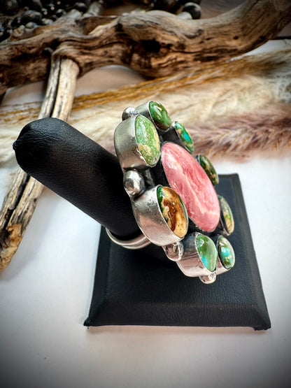 Sonoran Gold Turquoise & Rhodocrosite Cluster Ring- Adjustable