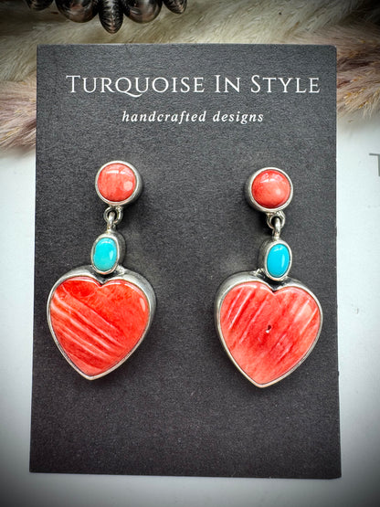 Federico Red Spiny & Turquoise Heart Earrings