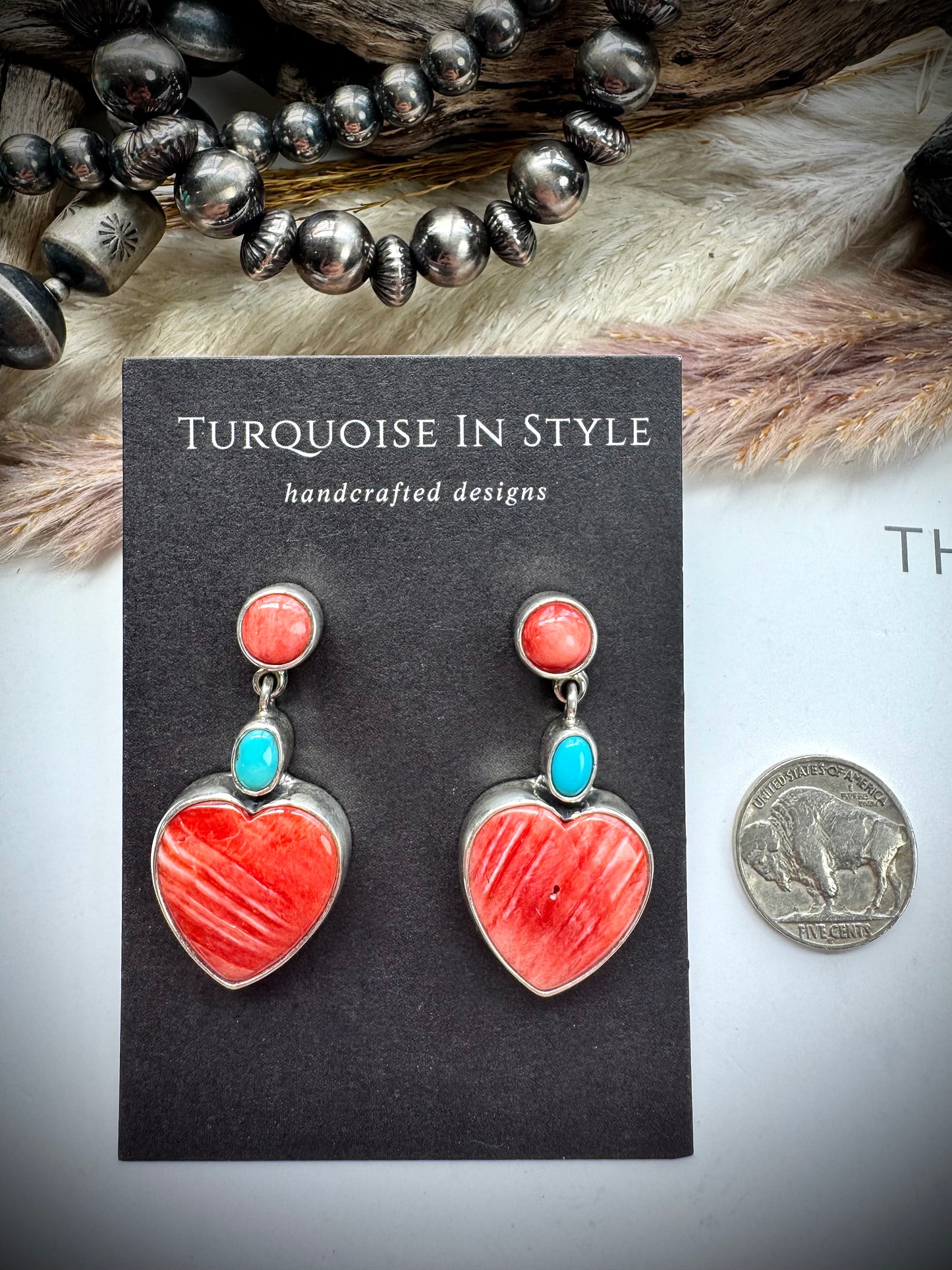 Federico Red Spiny & Turquoise Heart Earrings