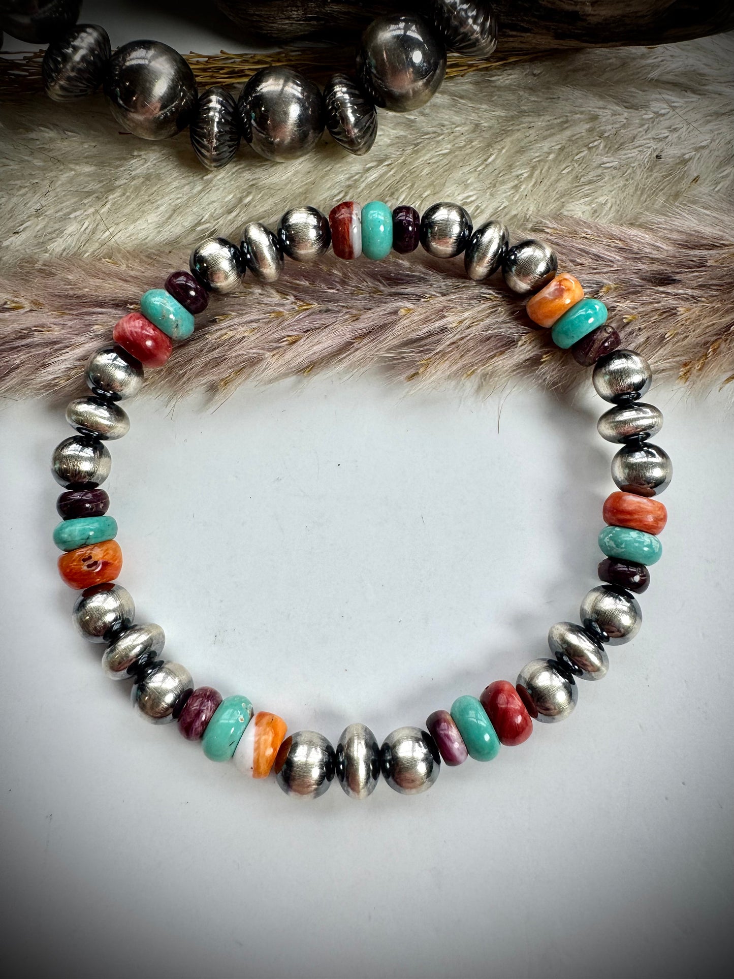 Sterling Pearl Stretch Bracelet with Spiny & Turquoise