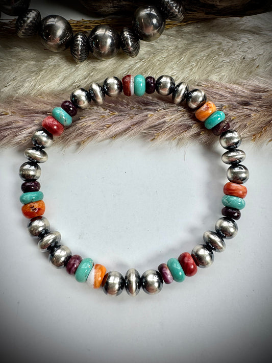 Sterling Pearl Stretch Bracelet with Spiny & Turquoise