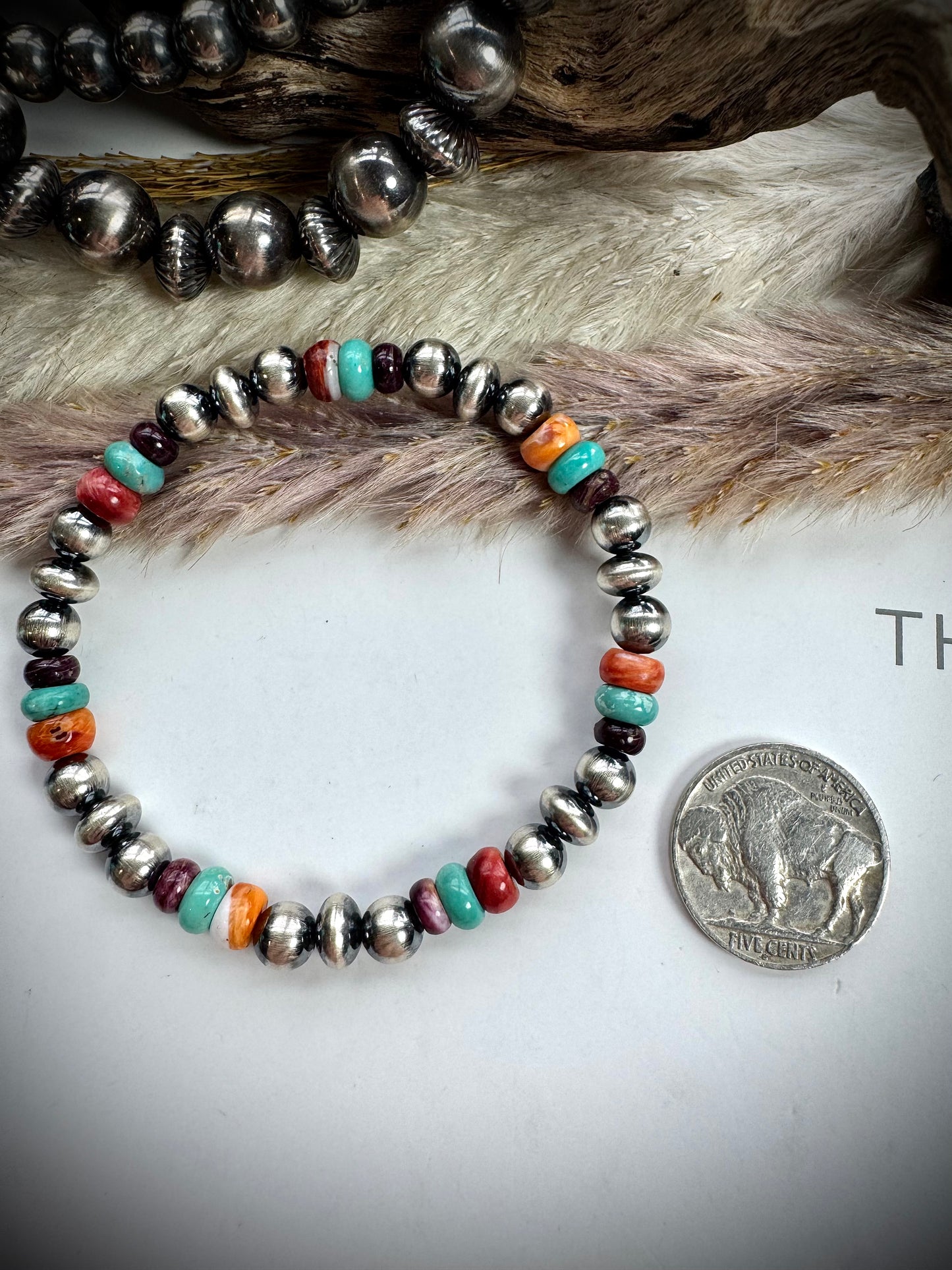 Sterling Pearl Stretch Bracelet with Spiny & Turquoise