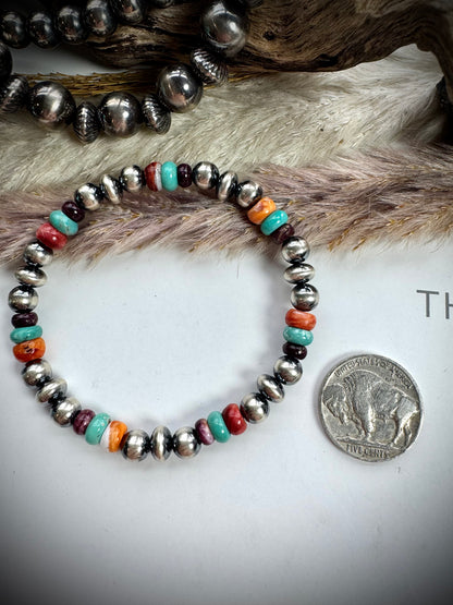 Sterling Pearl Stretch Bracelet with Spiny & Turquoise