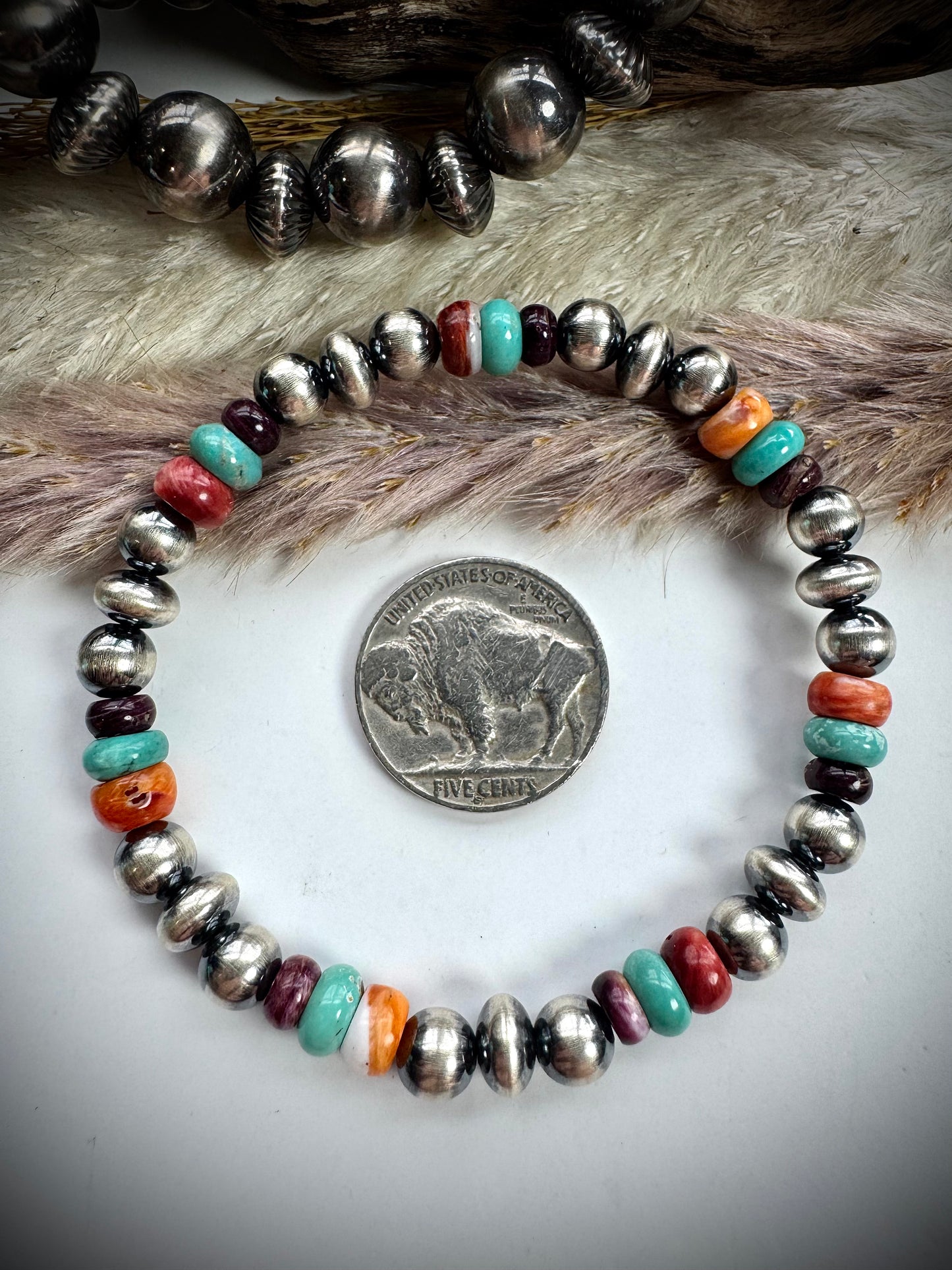 Sterling Pearl Stretch Bracelet with Spiny & Turquoise