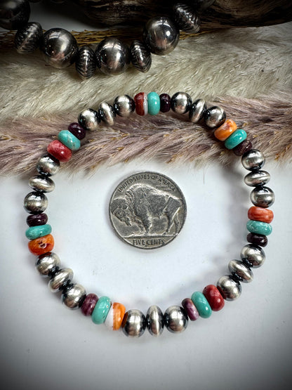 Sterling Pearl Stretch Bracelet with Spiny & Turquoise