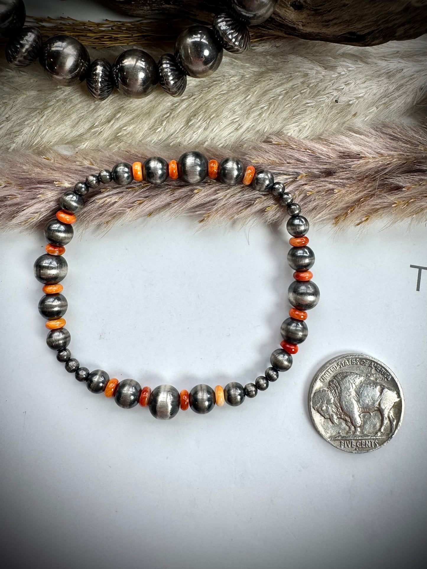Orange Spiny & Pearl Stretch Bracelet