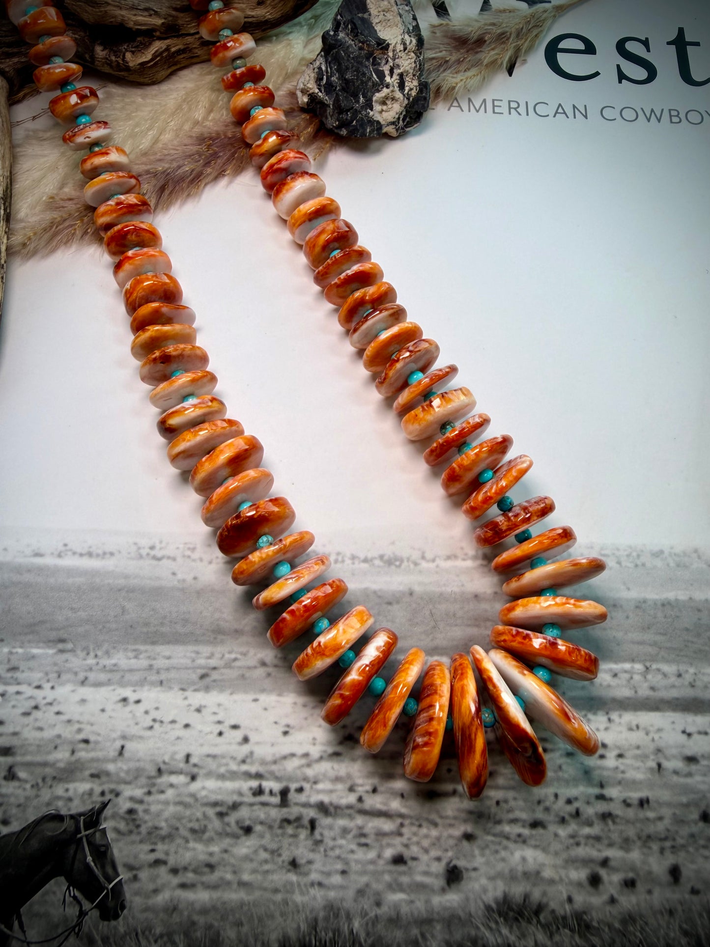 Large Orange Spiny & Turquoise Graduated Necklace