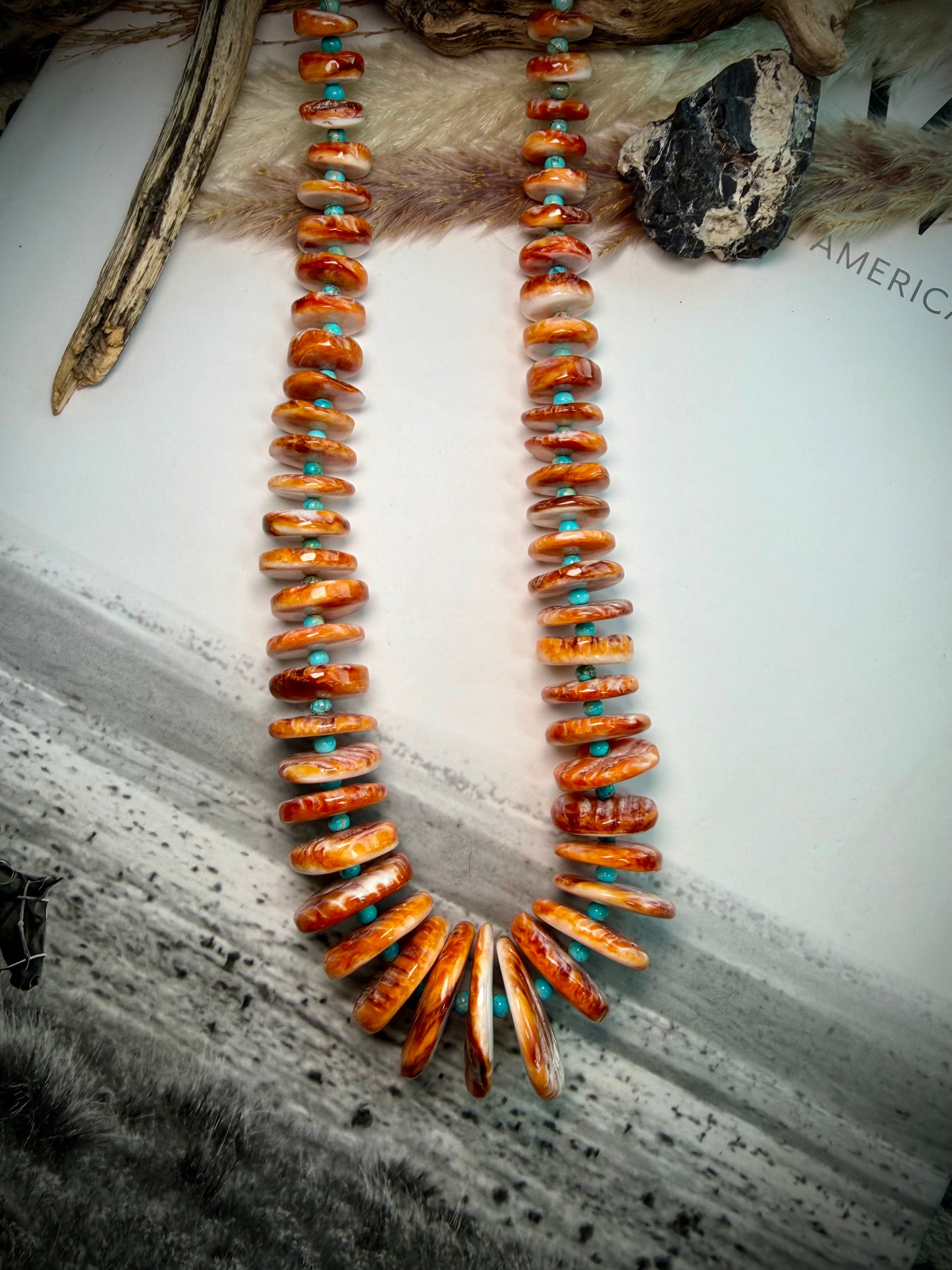 Large Orange Spiny & Turquoise Graduated Necklace