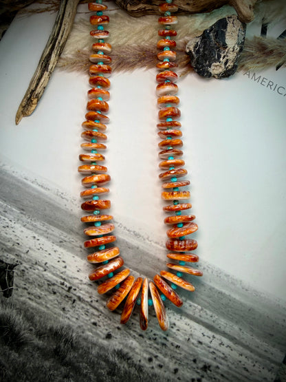 Large Orange Spiny & Turquoise Graduated Necklace