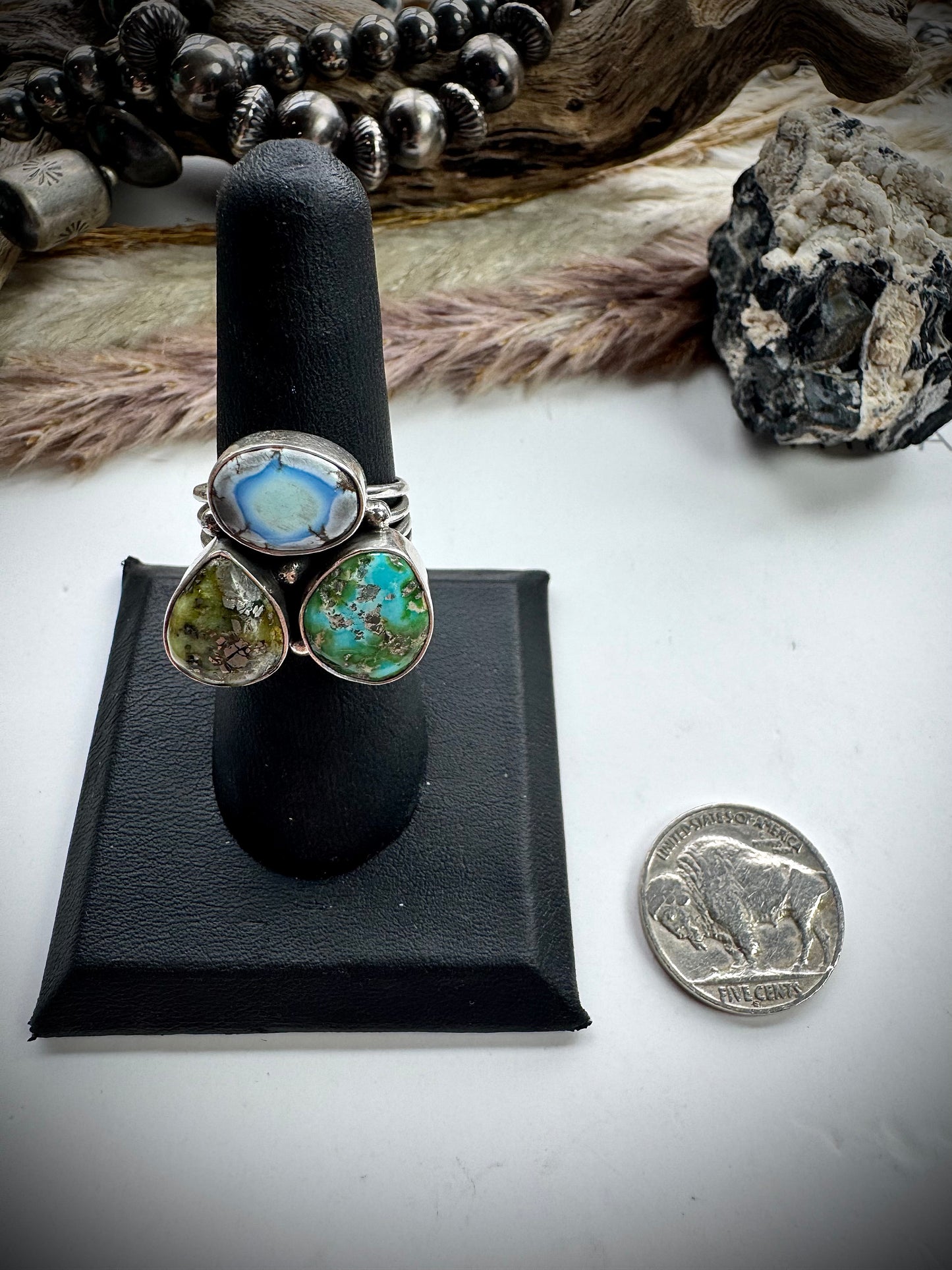 Three Stone Mixed Mine Ring- Size 7