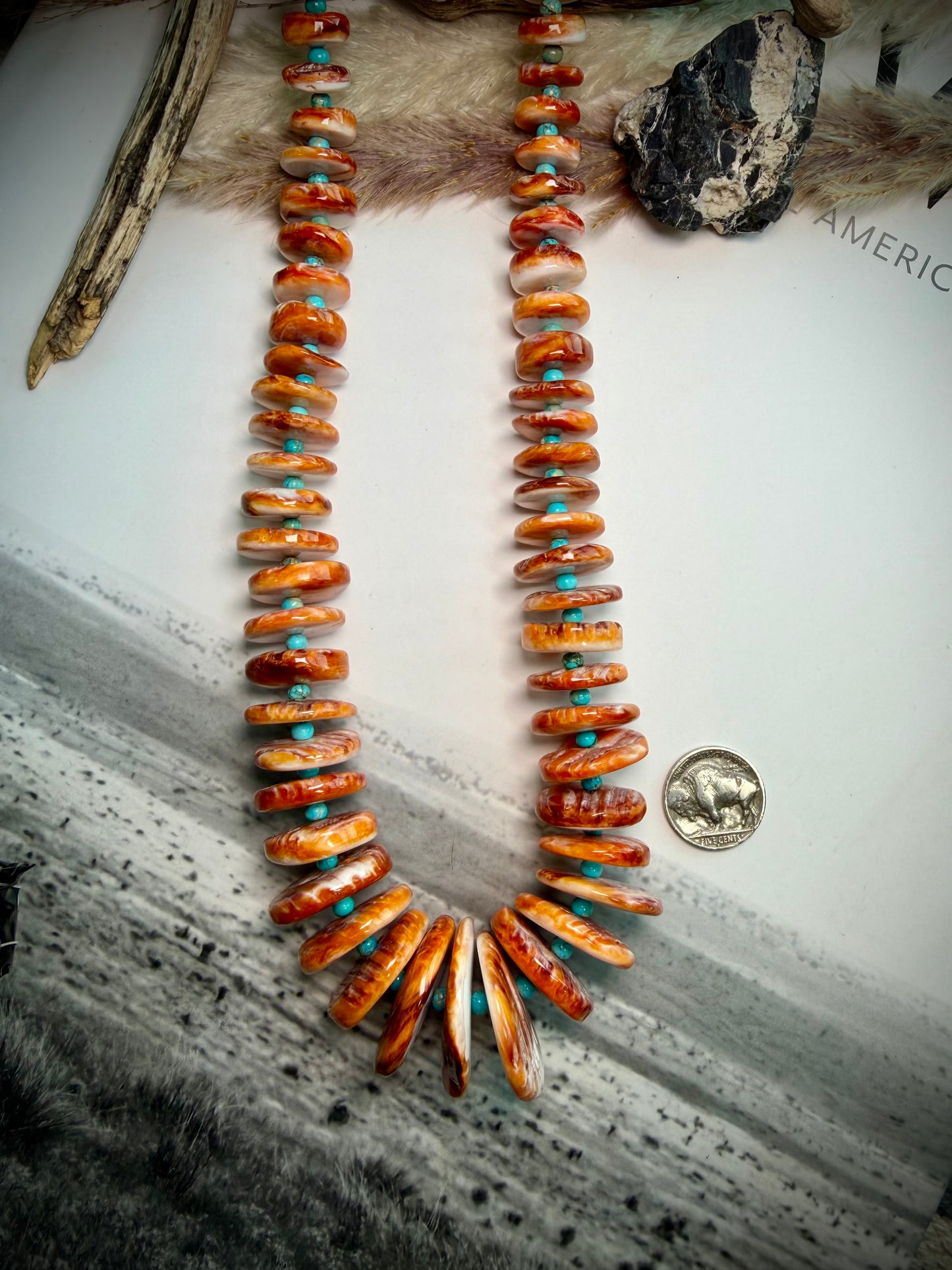 Large Orange Spiny & Turquoise Graduated Necklace