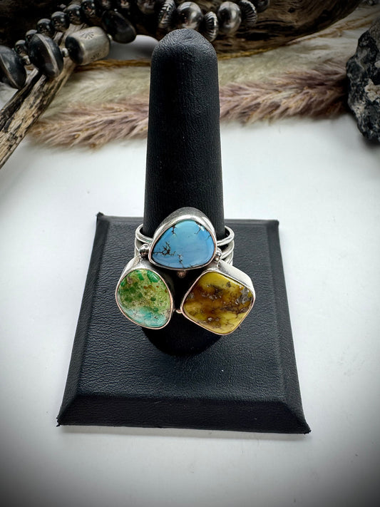 Three Stone Mixed Mine Ring- Size 10