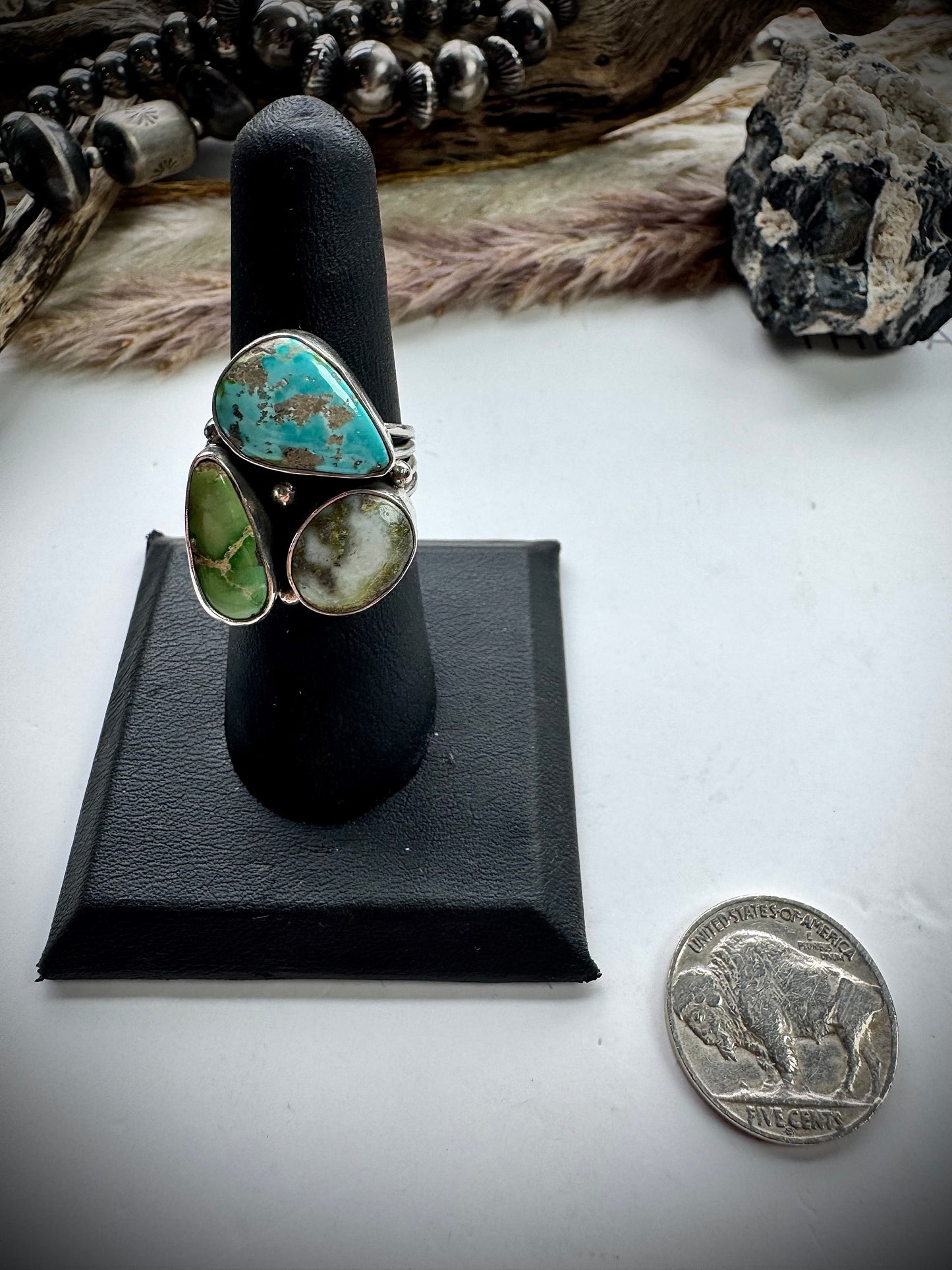 Three Stone Mixed Mine Ring- Size 7