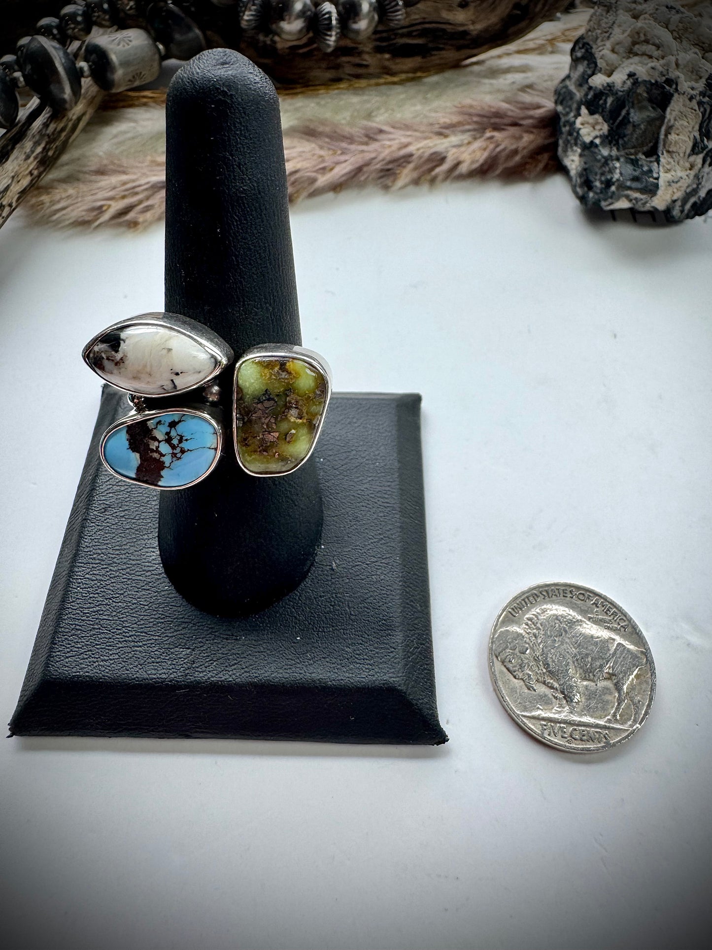 Three Stone Mixed Mine Ring Adjustable