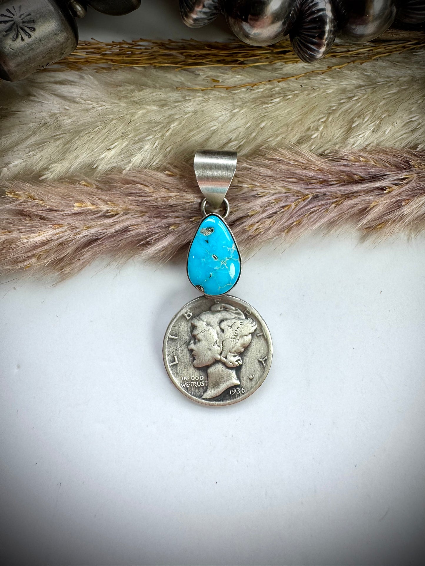Whitewater Turquoise and 1936 Mercury Dime Pendant