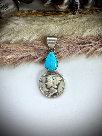 Whitewater Turquoise and 1936 Mercury Dime Pendant