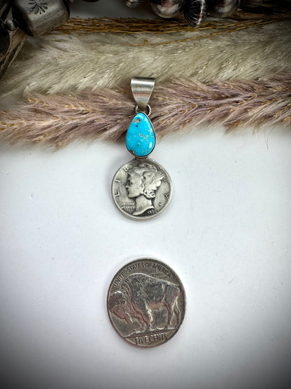 Whitewater Turquoise and 1936 Mercury Dime Pendant