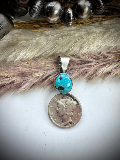 Blue Moon Turquoise and 1923 Mercury Dime Pendant