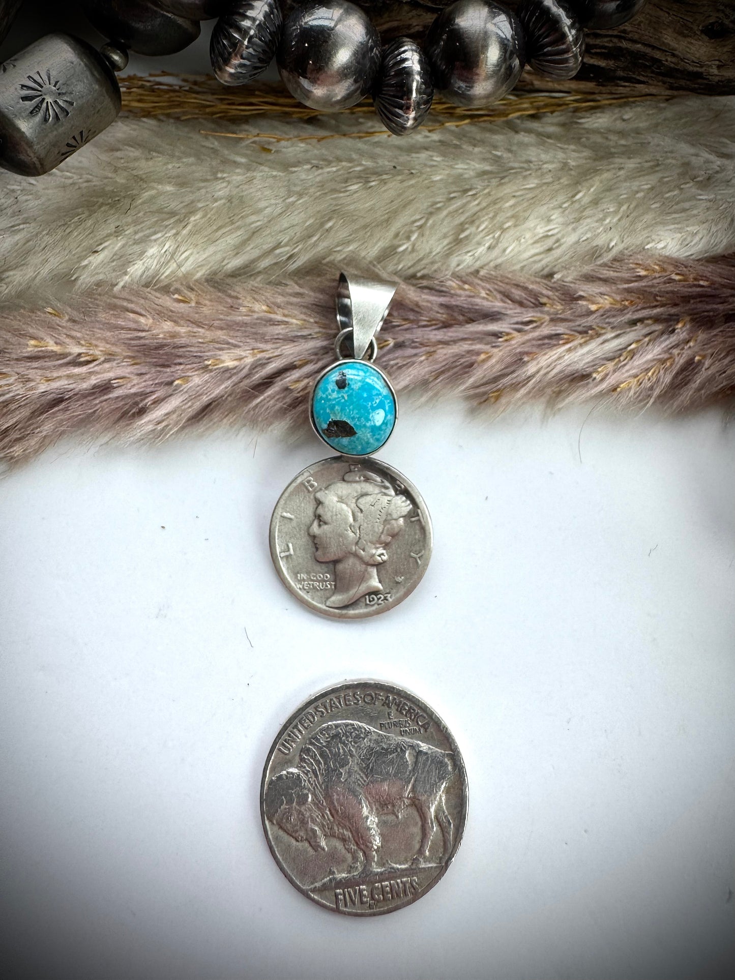 Blue Moon Turquoise and 1923 Mercury Dime Pendant