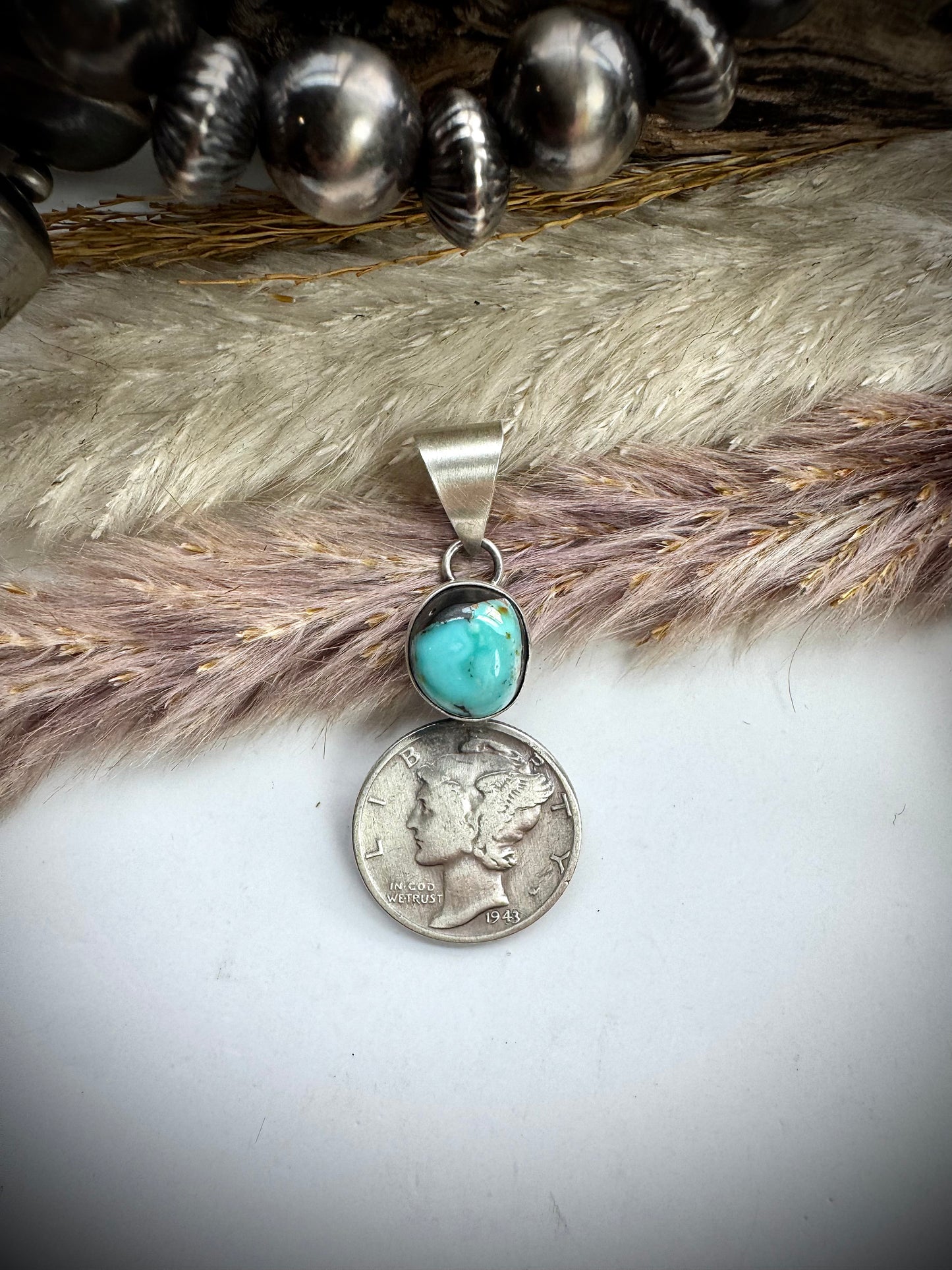 Blue Moon Turquoise and 1943 Mercury Dime Pendant