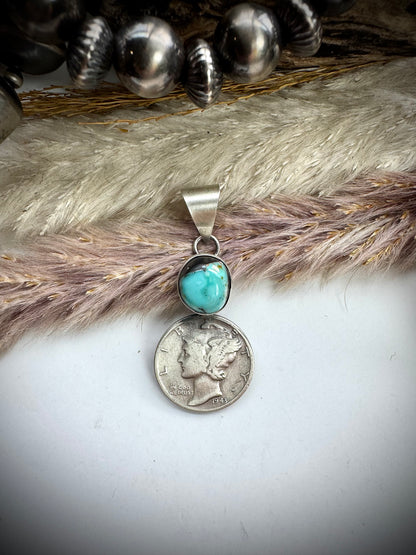 Blue Moon Turquoise and 1943 Mercury Dime Pendant