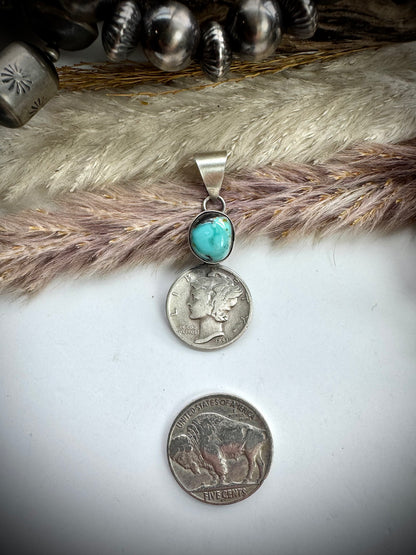 Blue Moon Turquoise and 1943 Mercury Dime Pendant