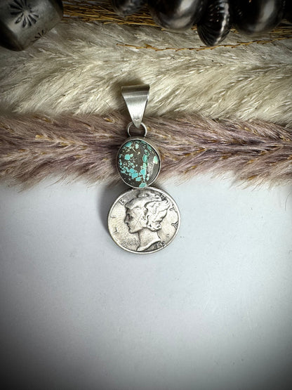 Blue Moon Turquoise and 1942 Mercury Dime Pendant