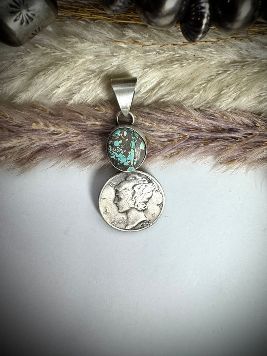 Blue Moon Turquoise and 1942 Mercury Dime Pendant