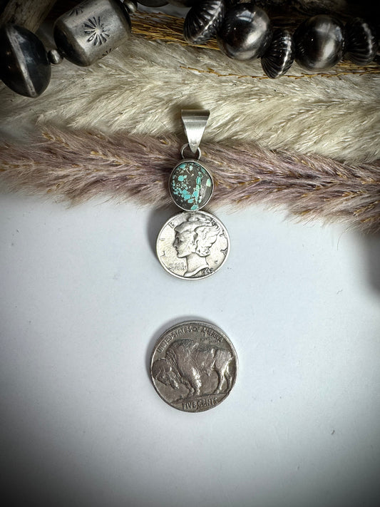 Blue Moon Turquoise and 1942 Mercury Dime Pendant