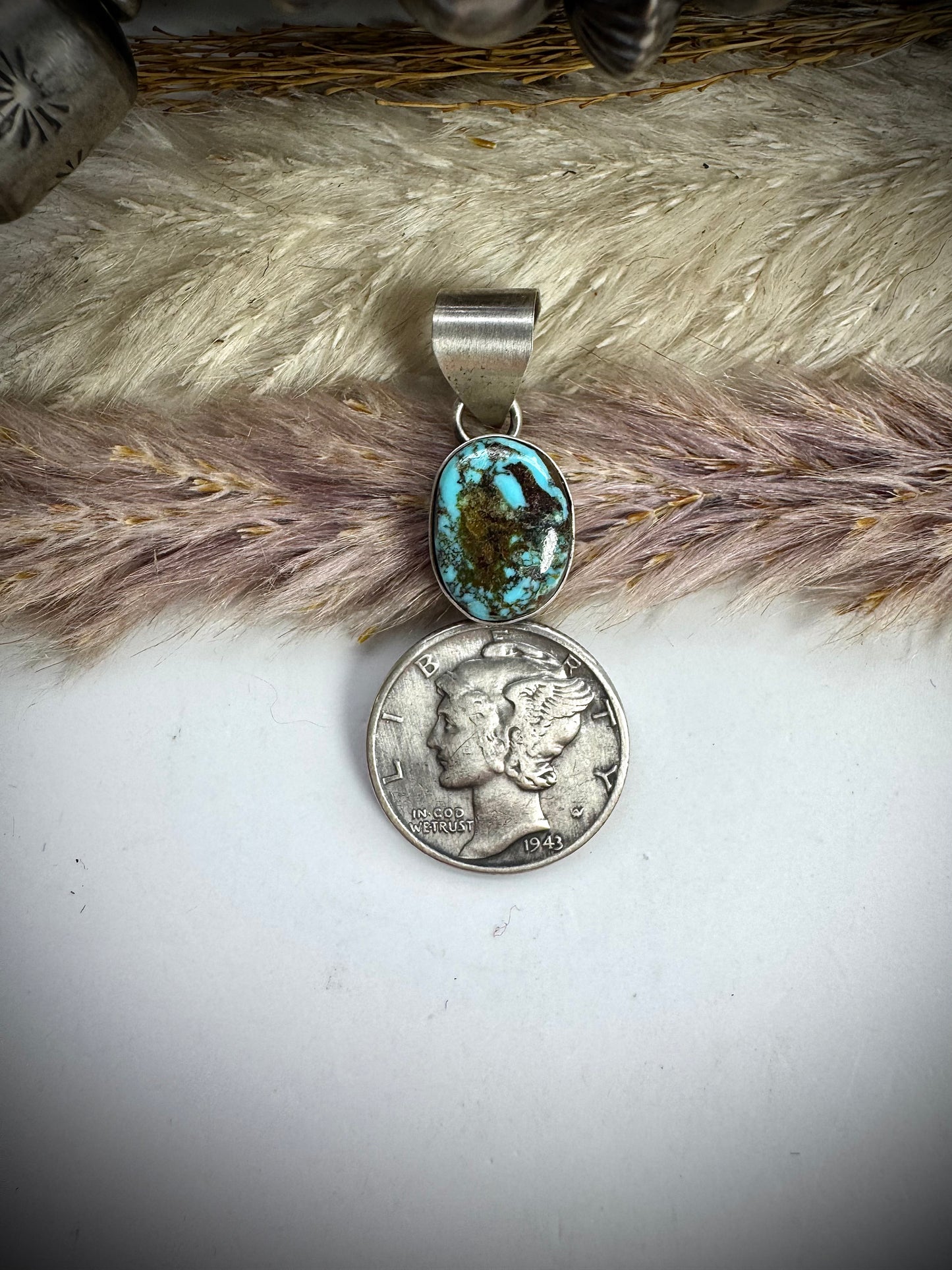Waterweb Kingman Turquoise and 1943 Mercury Dime Pendant