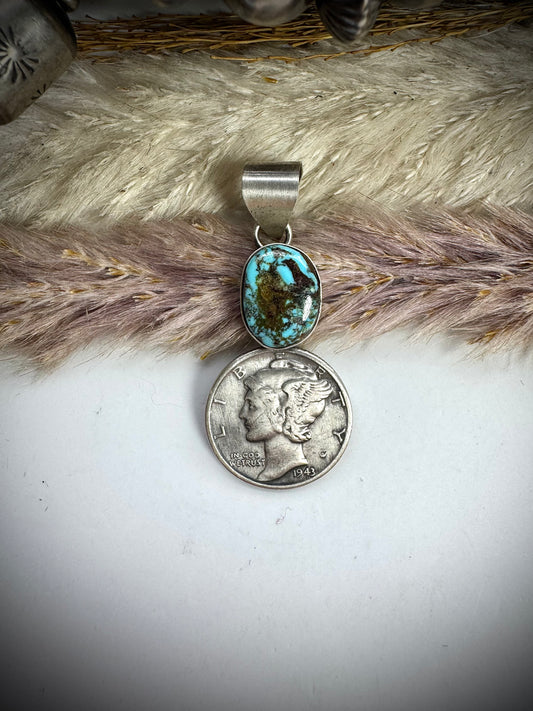 Waterweb Kingman Turquoise and 1943 Mercury Dime Pendant