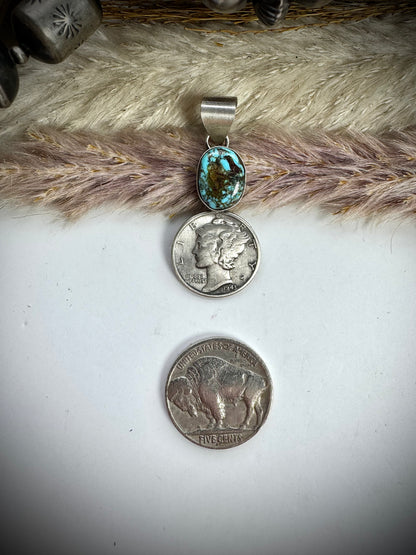 Waterweb Kingman Turquoise and 1943 Mercury Dime Pendant